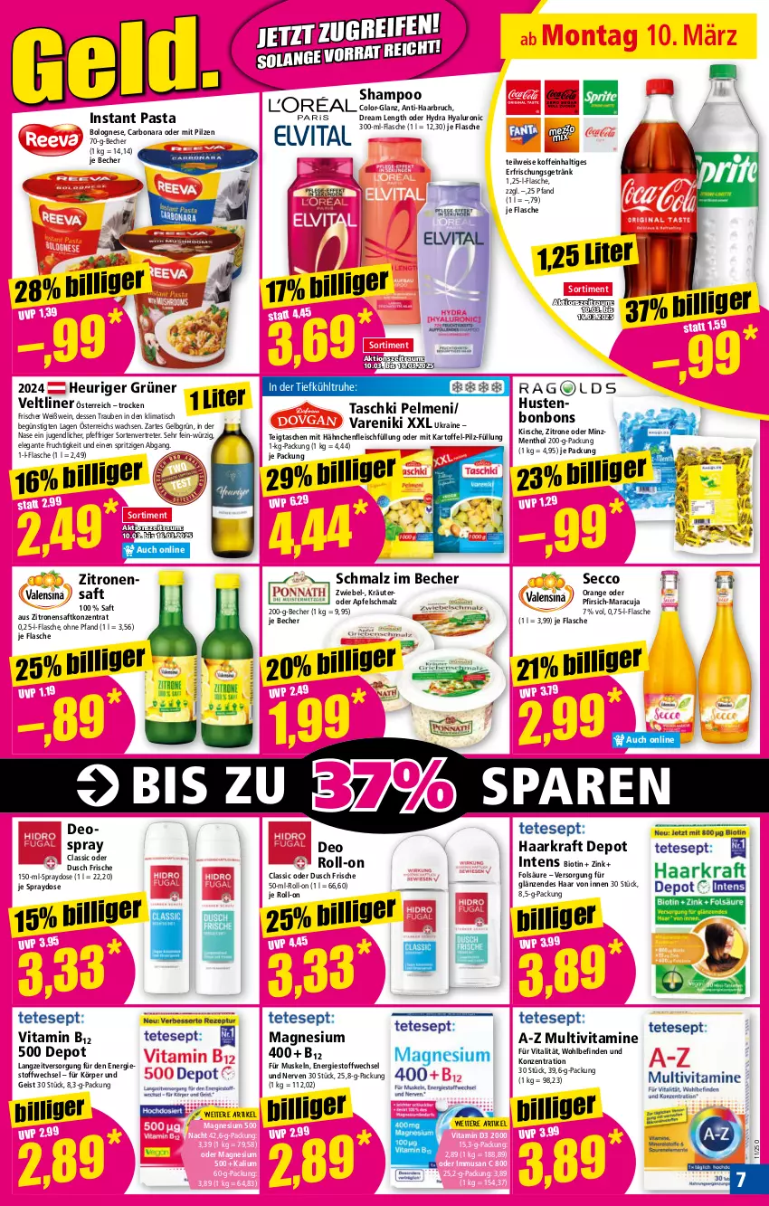 Aktueller Prospekt Norma - Norma - von 10.03 bis 17.03.2025 - strona 7 - produkty: apfel, Becher, bio, bolognese, Bona, bonbons, deo, deo roll-on, deospray, ecco, eis, erfrischungsgetränk, flasche, fleisch, frucht, getränk, grüner veltliner, Hähnchenfleisch, Heu, Hustenbonbons, hyaluron, kartoffel, kirsch, kirsche, kraft, kräuter, magnesium, magnesium 400, malz, maracuja, orange, pasta, pelmeni, pfirsich, pilze, roll-on, saft, Schmalz, shampoo, Tasche, taschen, taschki, Ti, tisch, trauben, vita, Vitamin B, Vitamin D, Vitamine, wein, Weißwein, zitrone, zitronen, zitronensaft, zwiebel