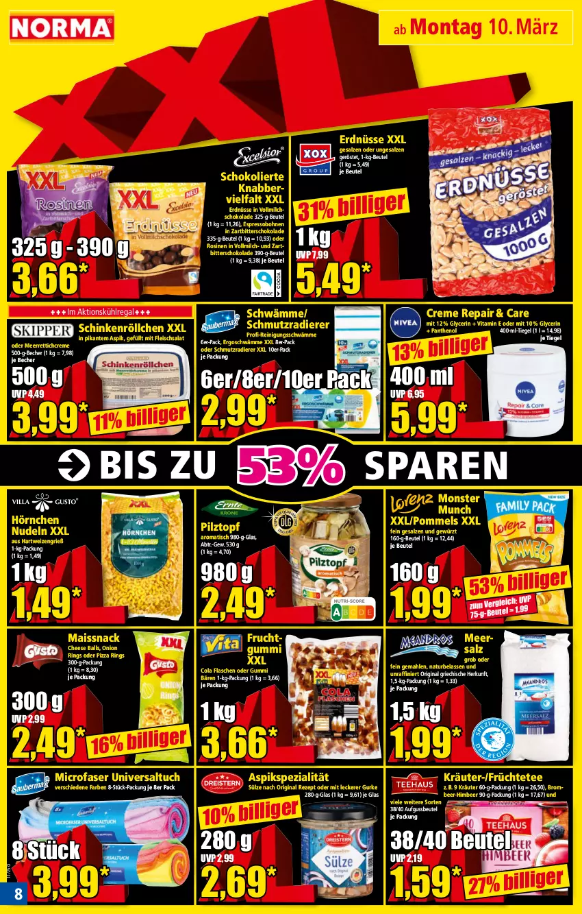 Aktueller Prospekt Norma - Norma - von 10.03 bis 17.03.2025 - strona 8 - produkty: ball, Becher, beutel, bohne, bohnen, cola, creme, eis, erdnüsse, espresso, flasche, fleisch, fleischsalat, frucht, früchte, Früchtetee, fruchtgummi, gewürz, gin, gurke, hartweizen, himbeer, hörnchen, kräuter, kühlregal, mais, meerrettich, meersalz, milch, monster, natur, nudel, nudeln, Panthenol, pizza, Pommels, regal, Reinigung, Rettich, rezept, ring, salat, salz, schinken, schoko, schokolade, snack, Spezi, tee, Ti, tisch, topf, tuc, vita, vollmilch, Zartbitterschokolade