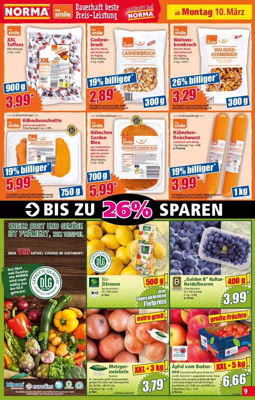 Aktueller Prospekt Norma - Norma - von 10.03 bis 17.03.2025 - strona 9 - produkty: auer, beere, beeren, bio, braten, Cashew, cashewkerne, cordon bleu, eis, erde, fleisch, fleischwurst, frucht, fruchtfleisch, Geflügel, Geflügel-Fleischwurst, Gemüsezwiebel, Hähnchenfleisch, Hähnchenschnitzel, heidelbeere, heidelbeeren, kühlregal, leine, LG, müsli, nuss, obst, Obst und Gemüse, regal, reis, saft, salat, salate, Schal, Schale, schnitzel, Ti, tiefpreis, tisch, und gemüse, walnuss, walnusskerne, wurst, zitrone, zitronen, zwiebel, zwiebeln