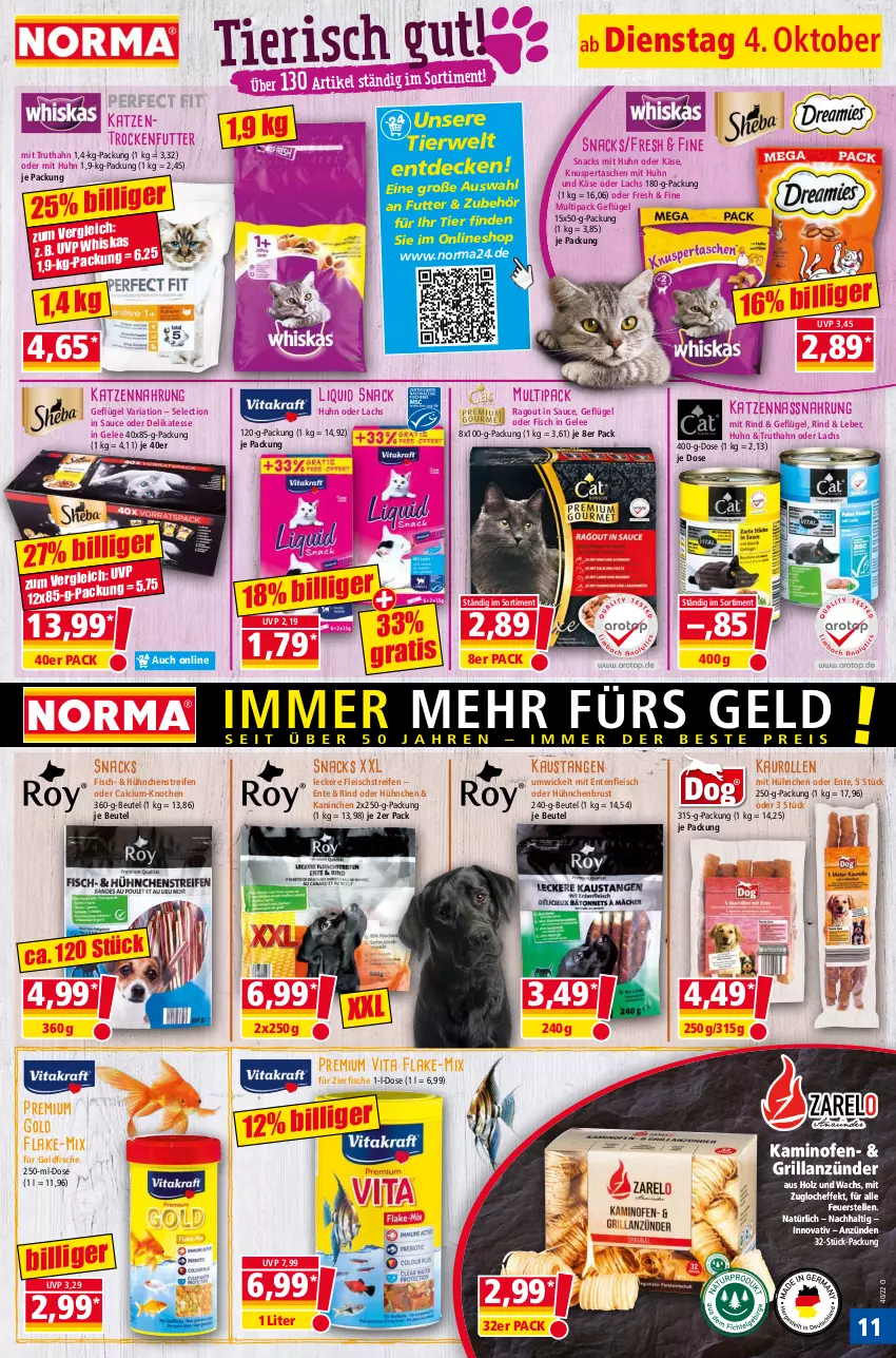 Aktueller Prospekt Norma - Norma - von 04.10 bis 11.10.2022 - strona 11 - produkty: anzünder, aust, beutel, Calcium, decke, eis, elle, ente, fisch, fische, fleisch, Geflügel, gelee, grill, grillanzünder, Holz, Kamin, Kaminofen, Käse, katzennahrung, Katzentrockenfutter, lachs, Nassnahrung, Ofen, Ragout, reifen, Ria, rind, rwe, sauce, snack, snacks, Tasche, taschen, Ti, trockenfutter, truthahn, vita, WICK