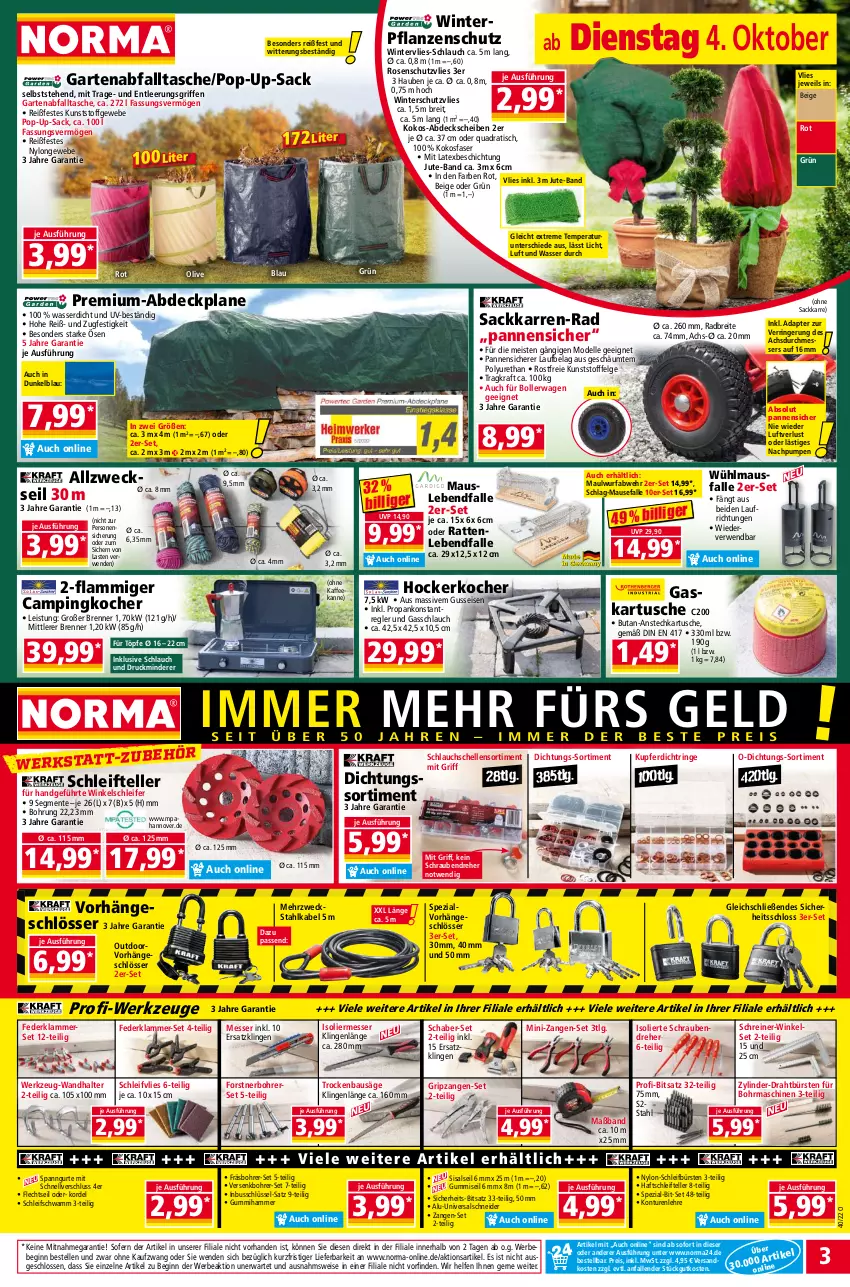 Aktueller Prospekt Norma - Norma - von 04.10 bis 11.10.2022 - strona 3 - produkty: abdeckplane, adapter, Bau, Bebe, Bohrer-Set, Bohrerset, bollerwagen, Brei, bürste, bürsten, dell, Draht, eis, elle, ente, Garten, gin, hocker, HP, kaffee, Kocher, kokos, kraft, lamm, LG, Maus, messer, Mode, ndk, olive, pflanze, pflanzen, quad, reis, ring, rosen, rwe, sac, säge, schlauch, schrauben, Schraubendreher, schwamm, Spezi, Tasche, teller, Ti, tisch, wasser, weck, werkzeug, werkzeuge, Winkelschleifer, Winterschutz, Zangen