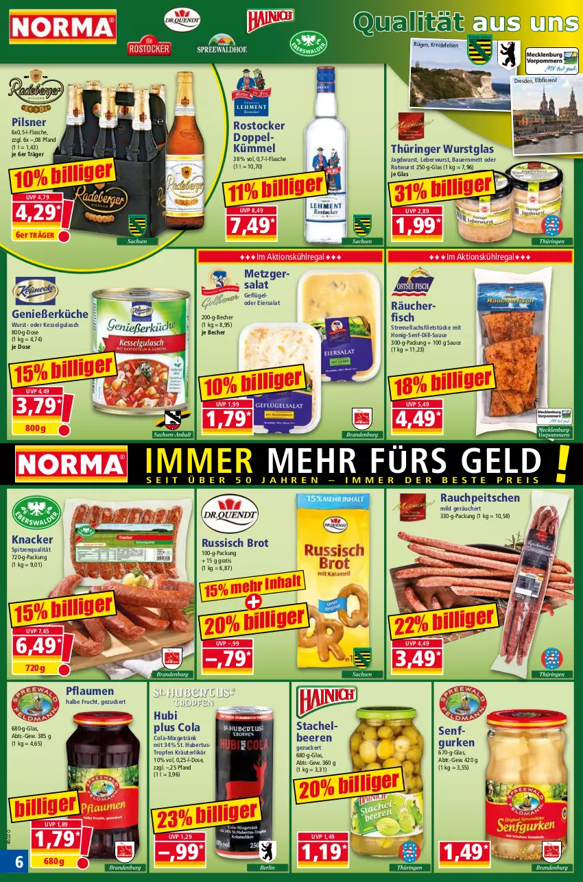 Aktueller Prospekt Norma - Norma - von 04.10 bis 11.10.2022 - strona 6 - produkty: auer, Bau, Bauer, Becher, beere, beeren, brot, cola, eier, eiersalat, filet, filets, fisch, flasche, frucht, Geflügel, getränk, gulasch, gurke, gurken, honig, Honig-Senf, HP, jagdwurst, knacker, kräuter, kräuterlikör, Kreide, küche, kühlregal, lachs, lachsfilet, lachsfilets, leberwurst, LG, likör, lorenz, Mett, Mixgetränk, pflaume, pflaumen, pils, pilsner, Rauch, regal, ring, Rostocker, Rotwurst, russisch brot, salat, sauce, senf, spitzenqualität, Stachelbeeren, Ti, wurst, zucker