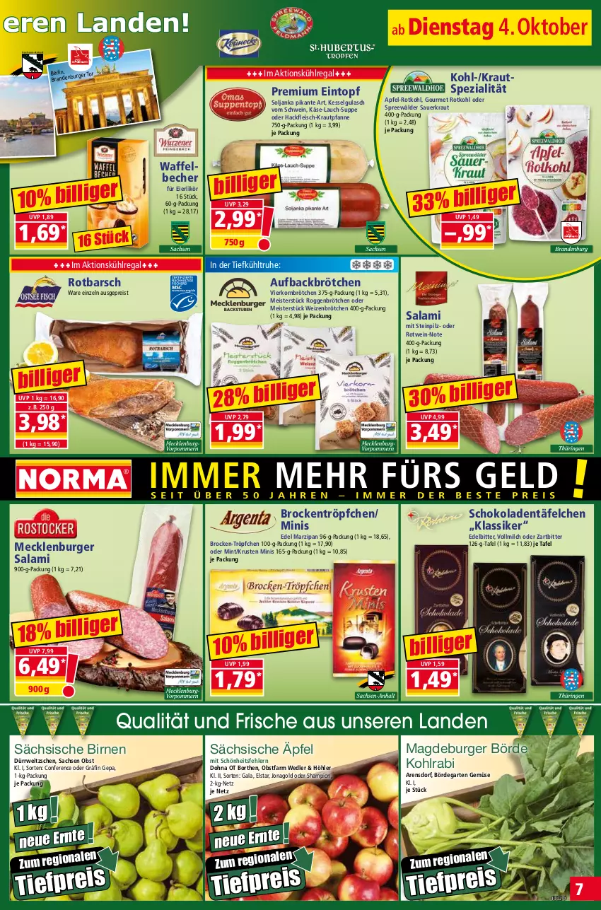 Aktueller Prospekt Norma - Norma - von 04.10 bis 11.10.2022 - strona 7 - produkty: apfel, auer, Becher, Birnen, Brock, brötchen, burger, eier, eierlikör, eintopf, eis, fleisch, Garten, gulasch, hackfleisch, Käse, kohlrabi, korn, Kraut, kühlregal, LG, likör, marzipan, mecklenburger salami, Meister, milch, mint, obst, pfanne, regal, reis, roggenbrötchen, Rotbarsch, rotkohl, rotwein, rwe, sac, salami, Sauerkraut, schoko, schokolade, schokoladen, schwein, Spezi, spreewälder, suppe, Ti, tiefpreis, topf, vollmilch, wein, weizenbrötchen