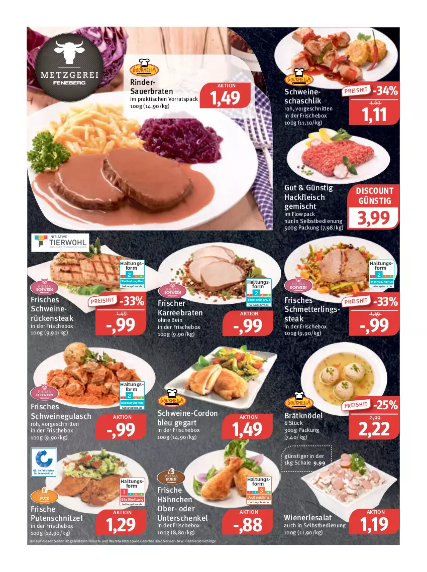 Aktueller Prospekt Feneberg - Prospekte - von 27.10 bis 29.10.2022 - strona 2 - produkty: auer, braten, cordon bleu, discount, eis, fleisch, garnier, gulasch, hackfleisch, hackfleisch gemischt, henkel, Knödel, Mett, pute, putenschnitzel, reis, rind, rinder, Rückensteak, salat, Schal, Schale, schenkel, Schmetterling, schnitten, schnitzel, schwein, schweine, schweinegulasch, schweinerücken, steak, Ti, tisch, wein, weine, wiener, wurst