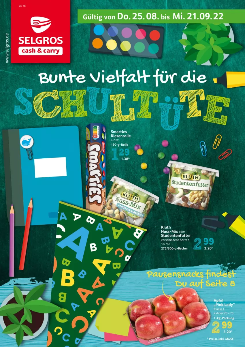 Aktueller Prospekt Selgros - Schulanfang - von 25.08 bis 21.09.2022 - strona 1 - produkty: Becher, eis, ente, LG, nuss, Pink Lady, reis, smarties, snack, snacks, studentenfutter, Ti