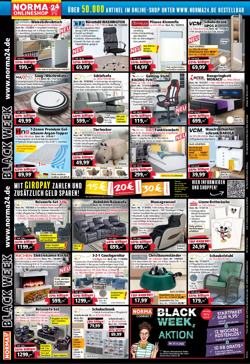 Aktueller Prospekt Norma - Norma - von 10.11 bis 27.11.2022 - strona 2 - produkty: angebot, asti, auer, aust, Bau, baumwolle, beleuchtung, bett, bettwäsche, black week, boxspringbett, braun, Cap, cin, Couch, creme, dekokissen, eis, Elefant, Elektro, federkern, fernbedienung, garnitur, gefu, getränk, getränke, getränkehalter, gutschein, hochschrank, hocker, Holz, honig, Kamin, kissen, korb, lack, lamm, latte, lattenrost, led-beleuchtung, LG, Liege, matratze, Mode, ndk, Nike, paar schuhe, regal, reis, rel, relaxsessel, ring, rückenlehne, rwe, Schal, Schaukel, schlafsofa, Schrank, schreibtisch, schuhe, schuhschrank, sessel, sideboard, sitzkissen, snack, Sofa, sonoma eiche, spiegel, stuhl, teppich, Ti, tisch, topper, tuc, unterschrank, vita, waschtisch, wasser, wassertank, wolle