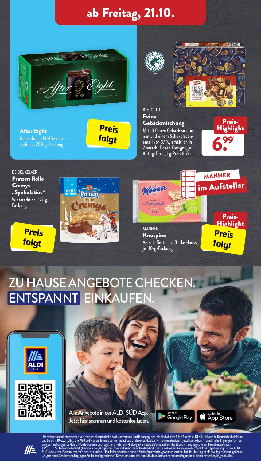 Aktueller Prospekt AldiSud - IN ZWEI WOCHEN - von 17.10 bis 22.10.2022 - strona 24 - produkty: Adventskalender, after eight, aldi, angebot, angebote, biscotto, cremys, de beukelaer, eis, Elektro, elle, erde, Feine Gebäckmischung, gebäckmischung, gewinnspiel, gutschein, gutscheine, haselnuss, LG, Liege, Manner, nuss, pfeffer, pralinen, prinzen rolle, reis, Ria, sac, schoko, schokolade, schokoladen, Spiele, teller, Ti