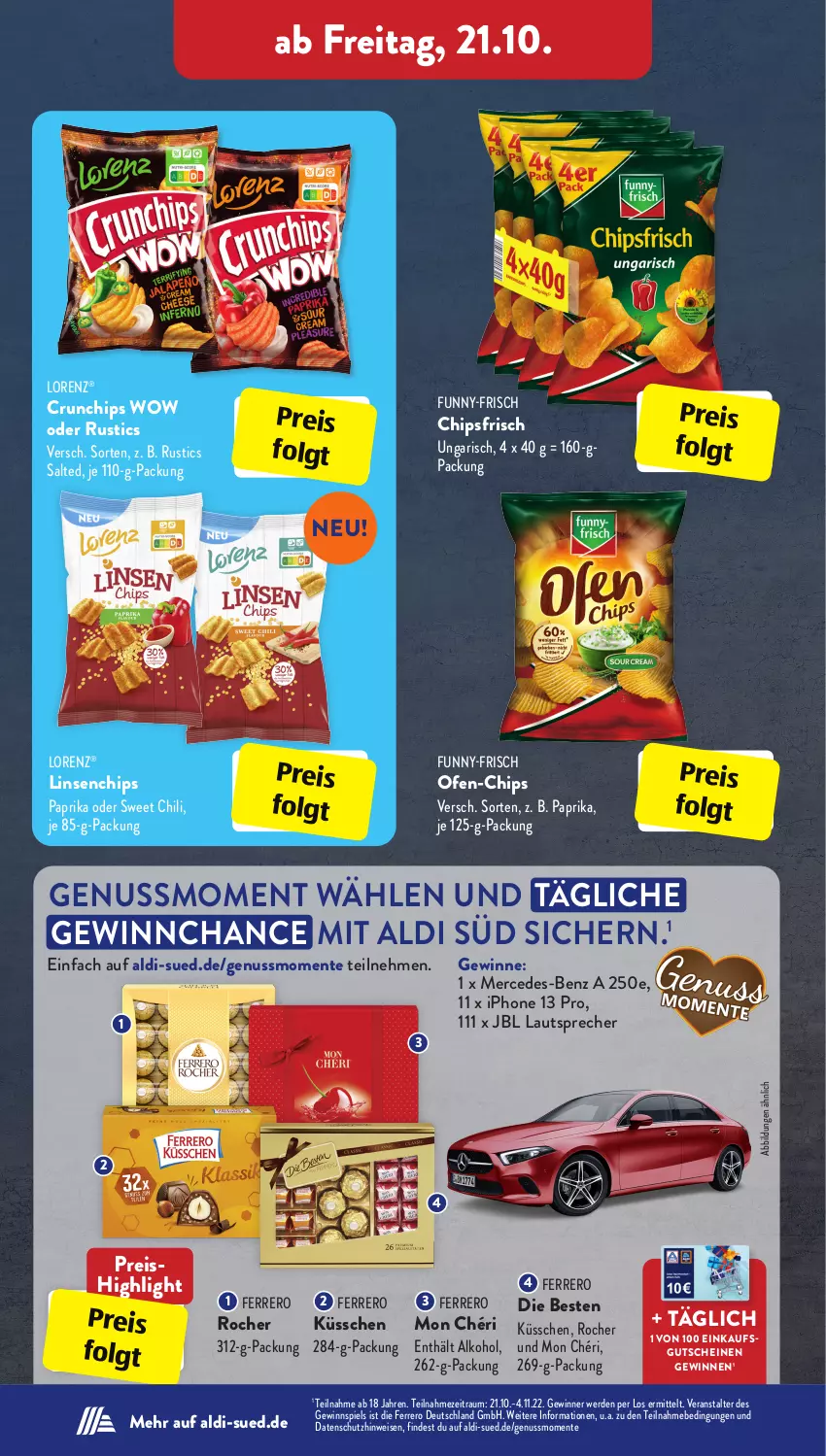 Aktueller Prospekt AldiSud - IN ZWEI WOCHEN - von 17.10 bis 22.10.2022 - strona 26 - produkty: aldi, alkohol, chili, chips, chipsfrisch, crunchips, eis, ente, erde, ferrero, Ferrero Küsschen, Ferrero Rocher, funny-frisch, gewinnspiel, gutschein, gutscheine, iphone, IPhone 13, jbl, lautsprecher, LG, linsen, lorenz, Mon Chéri, nuss, Ofen, paprika, reis, Ti