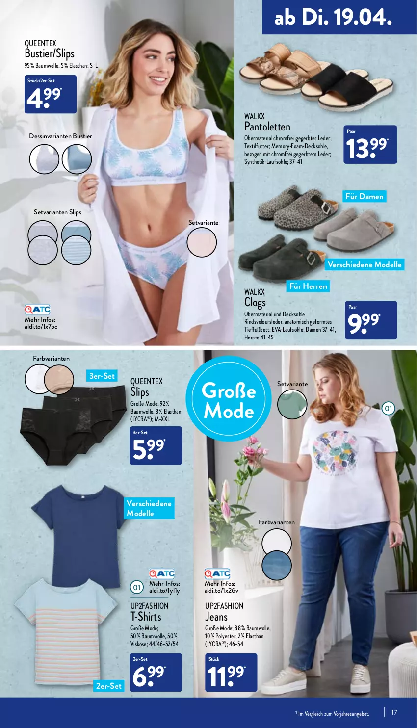 Aktueller Prospekt Aldi Nord - Aldi-Vorschau - von 19.04 bis 23.04.2022 - strona 17 - produkty: aldi, angebot, Bau, baumwolle, bett, Clogs, decksohle, dell, elle, ente, jeans, Mode, pantolette, pantoletten, Queentex, resa, Ria, rind, shirt, shirts, slip, slips, Stier, T-Shirt, Ti, up2fashion, walkx, wolle