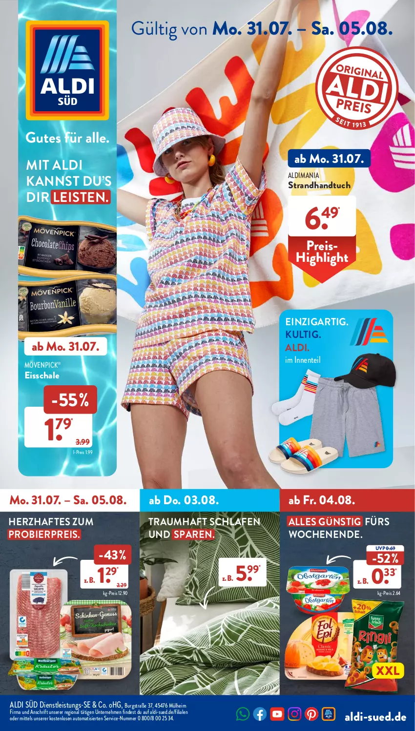 Aktueller Prospekt AldiSud - NÄCHSTE WOCHE - von 31.07 bis 05.08.2023 - strona 1 - produkty: aldi, auto, bier, eis, ente, handtuch, mövenpick, reis, Schal, Schale, Ti, tuc