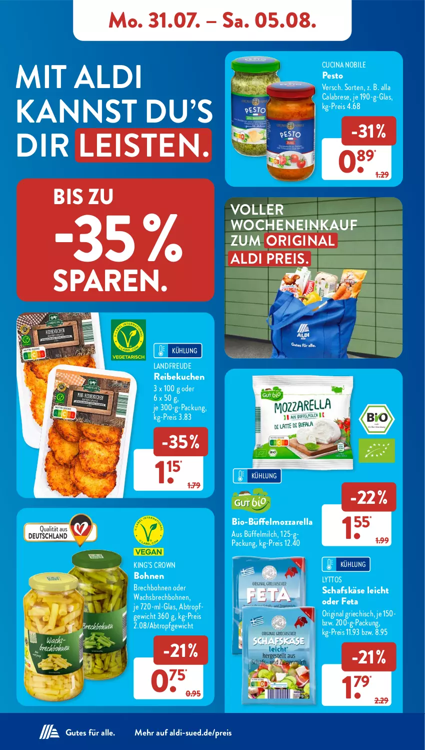 Aktueller Prospekt AldiSud - NÄCHSTE WOCHE - von 31.07 bis 05.08.2023 - strona 12 - produkty: aldi, bio, bohne, bohnen, cin, eis, feta, gin, Käse, kuchen, milch, mozzarella, pesto, reis, rel, schafskäse