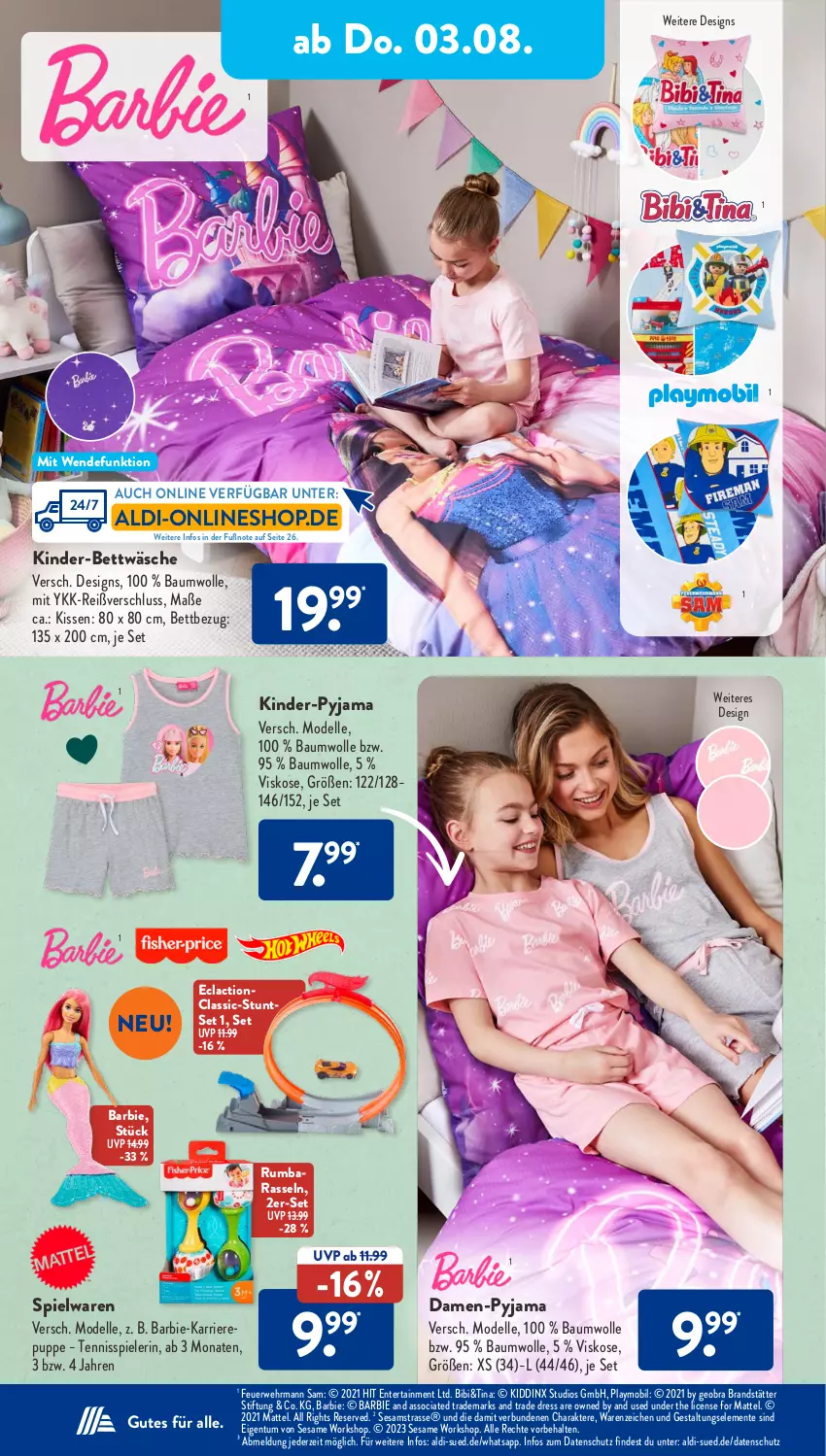 Aktueller Prospekt AldiSud - NÄCHSTE WOCHE - von 31.07 bis 05.08.2023 - strona 23 - produkty: aldi, Barbie, Bau, baumwolle, bett, bettwäsche, dell, ehrmann, elle, ente, Kinder, kissen, Mattel, Mode, playmobil, Puppe, Pyjama, rum, rwe, sesam, Spiele, spielwaren, Ti, wolle