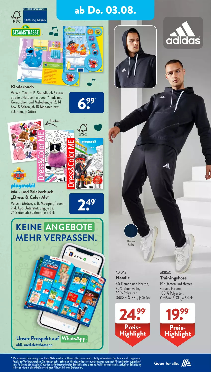 Aktueller Prospekt AldiSud - NÄCHSTE WOCHE - von 31.07 bis 05.08.2023 - strona 24 - produkty: Adidas, aldi, alle artikel ohne dekoration, angebot, angebote, Bau, baumwolle, buch, dekoration, eis, elle, gin, hose, Jungfrau, Kinder, Kinderbuch, kleid, Kleidung, reis, sesam, Sesamstraße, Soundbuch, Stickerbuch, Ti, Trainingshose, wolle, ZTE