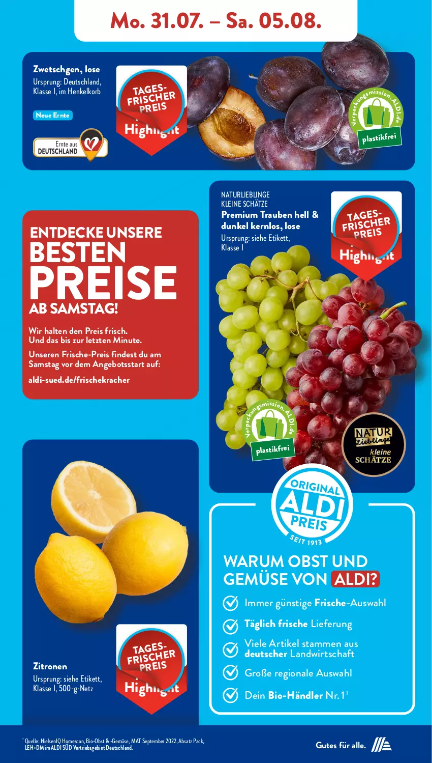 Aktueller Prospekt AldiSud - NÄCHSTE WOCHE - von 31.07 bis 05.08.2023 - strona 7 - produkty: aldi, angebot, asti, bio, Bio-Obst, decke, eis, elle, henkel, korb, kracher, leine, natur, obst, Obst und Gemüse, reis, rum, Ti, trauben, und gemüse, zitrone, zitronen, ZTE