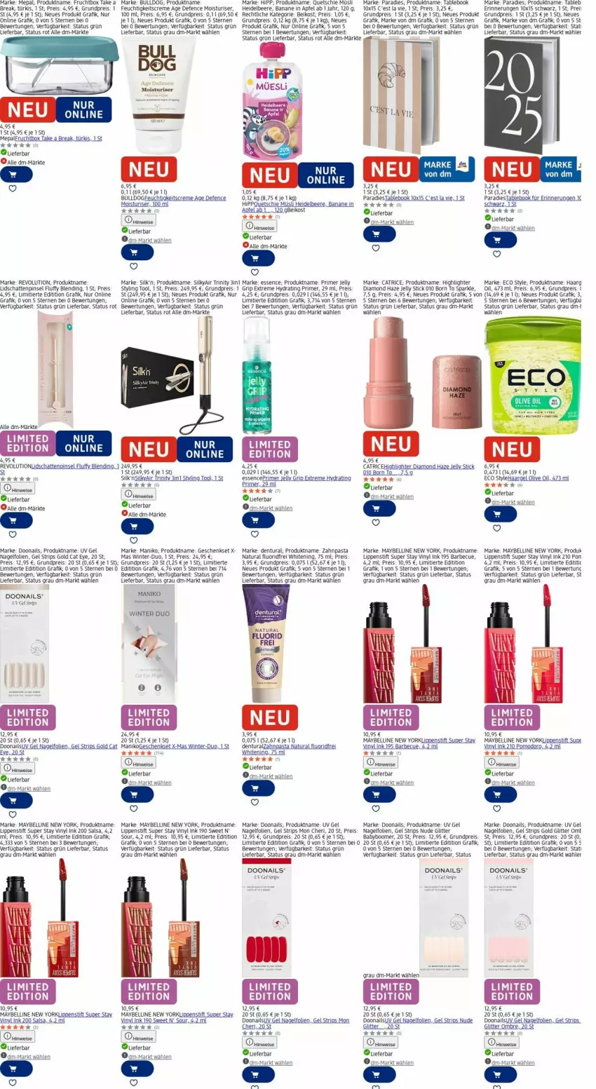 Aktueller Prospekt Dm Drogerie - Prospekte - von 15.12 bis 24.12.2025 - strona 22 - produkty: apfel, banane, barbecue, beere, Bulldog, creme, eis, feuchtigkeitscreme, frucht, geschenkset, heidelbeere, hipp, LG, Lippenstift, Maybelline, müsli, natur, natura, olive, pasta, Pinsel, reis, Salsa, sana, sim, Ti, Yo, zahnpasta