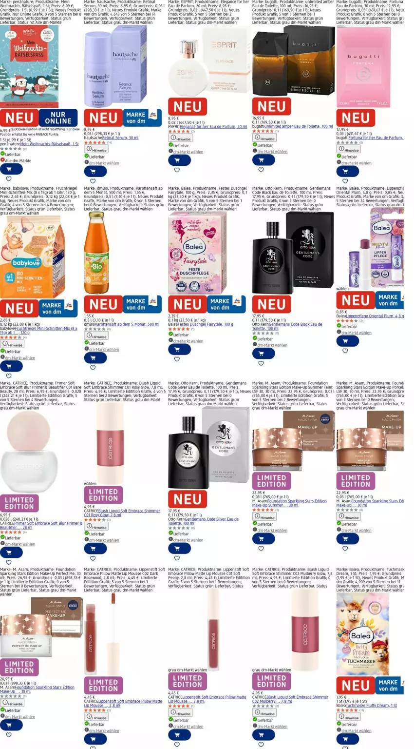 Aktueller Prospekt Dm Drogerie - Prospekte - von 15.12 bis 24.12.2025 - strona 28 - produkty: Amber, Babylove, bio, bugatti, duschgel, Eau de parfum, eau de toilette, eis, esprit, fairy, frucht, HP, karotten, lack, LG, Lippenpflege, Lippenstift, Make-up, Maske, mousse, natur, Otto kern, parfum, reis, riegel, rum, rwe, sac, saft, schnitten, Serum, sprite, Ti, tuc, tuchmaske