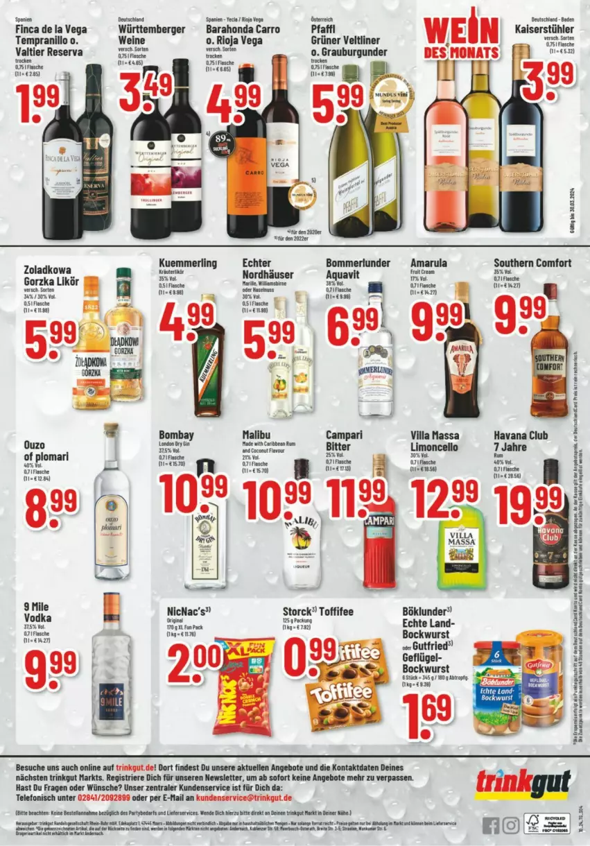 Aktueller Prospekt Trinkgut - Prospekte - von 05.03 bis 09.03.2024 - strona 6 - produkty: amarula, angebot, angebote, aqua, Bad, Berger, bockwurst, böklunder, campari, elle, fisch, fische, flasche, Geflügel, grüner veltliner, gutfried, Havana Club, Kaiser, kuemmerling, likör, Malibu, merl, ouzo, rioja, rum, Southern Comfort, storck, Stühl, telefon, tempranillo, Ti, toffifee, wein, weine, wurst