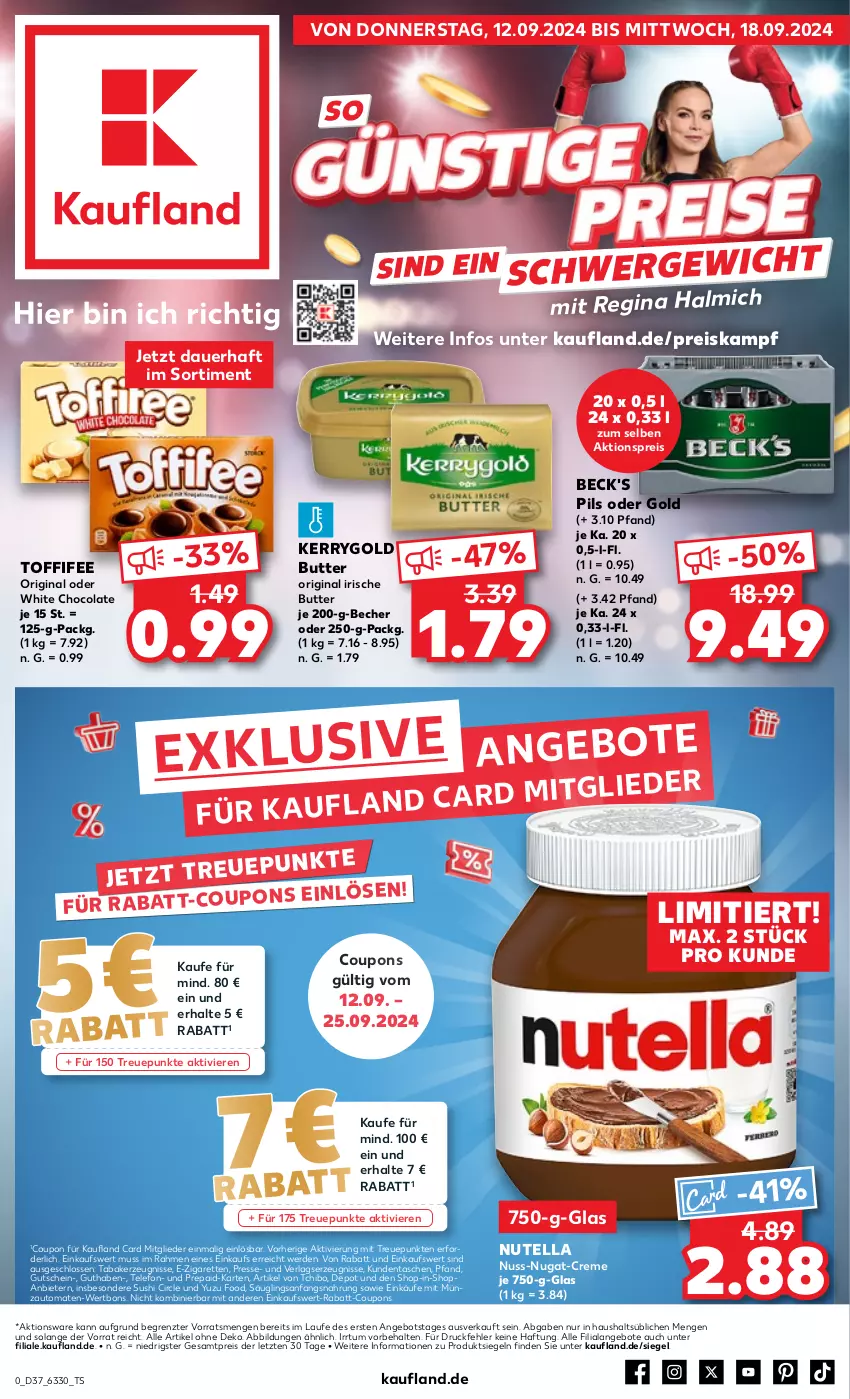 Aktueller Prospekt Kaufland - Prospekt - von 12.09 bis 18.09.2024 - strona 1 - produkty: aktionspreis, angebot, angebote, auer, auto, Becher, beck's, butter, cola, coupon, coupons, creme, eis, erde, gin, gutschein, irische butter, kerrygold, kerze, nuss, nuss-nugat-creme, nutella, pils, rabatt-coupon, reis, Sushi, Tasche, taschen, Tchibo, telefon, Ti, toffifee, tomate, tomaten, white chocolate, ZTE