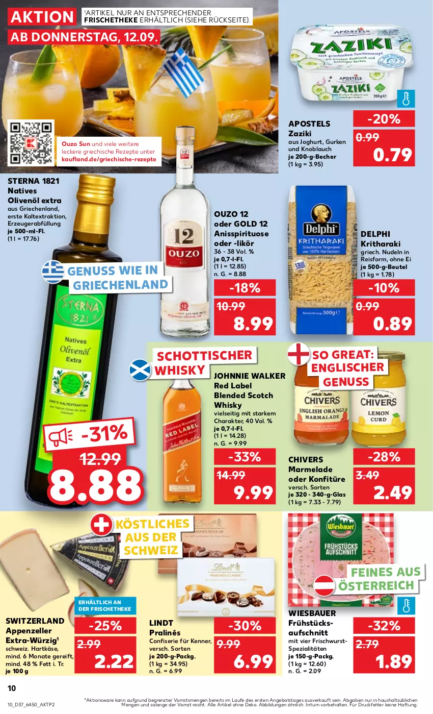 Aktueller Prospekt Kaufland - Prospekt - von 12.09 bis 18.09.2024 - strona 10 - produkty: angebot, apostels, appenzeller, auer, aufschnitt, Bau, Bauer, Becher, beutel, blended scotch, blended scotch whisky, eis, elle, gurke, gurken, hartkäse, joghur, joghurt, johnnie walker, Käse, knoblauch, konfitüre, likör, lindt, marmelade, natives olivenöl, nudel, nudeln, nuss, olive, oliven, olivenöl, olivenöl extra, ouzo, ouzo 12, reis, rezept, rezepte, schott, scotch, scotch whisky, Spezi, Ti, tisch, whisky, wiesbauer, wurst, zaziki, ZTE