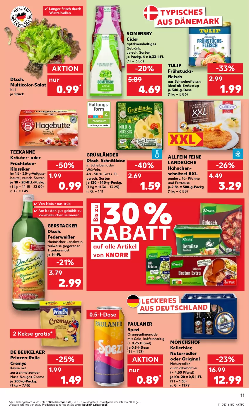 Aktueller Prospekt Kaufland - Prospekt - von 12.09 bis 18.09.2024 - strona 11 - produkty: alkohol, angebot, angebote, apfel, apfelwein, ball, beutel, bier, brot, cider, cola, creme, cremys, de beukelaer, eis, elle, fleisch, fritteuse, früchte, Früchtetee, frühstücksfleisch, getränk, gin, grünländer, Hähnchenschnitzel, Käse, keks, kekse, kellerbier, knorr, kräuter, küche, kuchen, landküche, limo, limonade, mönchshof, natur, ndk, nuss, nuss-nougat-creme, orange, orangen, Paula, paulaner, pfanne, radler, reis, rwe, salat, schnittkäse, schnitzel, schwein, schweine, schweinefleisch, somersby, Spezi, tee, teekanne, Ti, trauben, tulip, wein, weine, würfel, ZTE, zwiebel