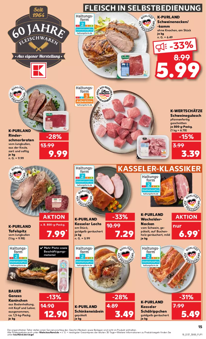 Aktueller Prospekt Kaufland - Prospekt - von 12.09 bis 18.09.2024 - strona 15 - produkty: angebot, angebote, auer, Bau, Bauer, besteck, braten, buch, eis, elle, fleisch, fleisch in selbstbedienung, geschirr, gulasch, Holz, ilag, jungbullen, kasseler, lachs, pfanne, pfannen, purland, reis, Ria, rind, rinder, saft, schinken, schmorbraten, schnitten, schwein, schweine, schweinegulasch, schweinenacken, tafelspitz, teller, Ti, wein, weine, ZTE