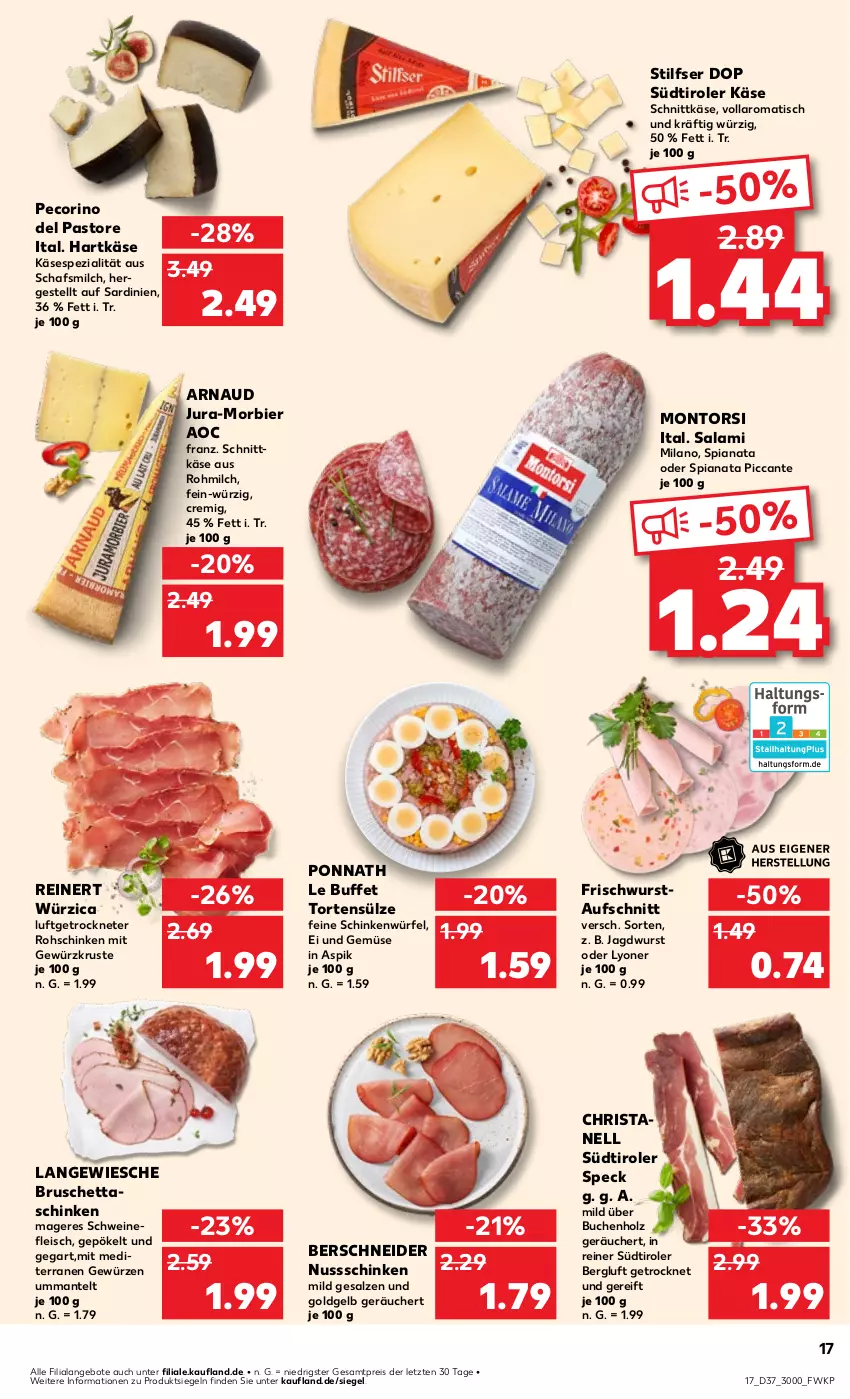 Aktueller Prospekt Kaufland - Prospekt - von 12.09 bis 18.09.2024 - strona 17 - produkty: angebot, angebote, aufschnitt, bier, buch, eis, fleisch, gewürz, hartkäse, Holz, jagdwurst, Jura, Käse, lyoner, Mantel, milch, montorsi, Morbier, nuss, Pecorino, ponnath, reinert, reis, rohschinken, salami, salz, schinken, schnittkäse, schwein, schweine, schweinefleisch, Speck, Spezi, südtiroler, Ti, tisch, torte, und gemüse, wein, weine, würfel, wurst, Yo, ZTE