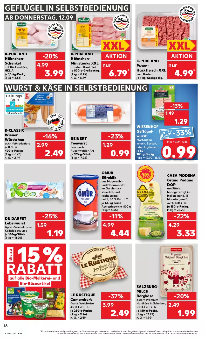 Aktueller Prospekt Kaufland - Prospekt - von 12.09 bis 18.09.2024 - strona 18 - produkty: angebot, apfel, Bergkäse, bio, Bio-Käse, braten, brustfilet, camembert, Casa Modena, dell, eis, filet, fleisch, Geflügel, Germ, grana, grana padano, hackfleisch, hähnchenschenkel, hartkäse, henkel, jagdwurst, Kalbsleber, Kalbsleberwurst, Käse, Le Rustique, leberwurst, mac, milch, Mode, mortadella, padano, pflanze, pflanzen, Pflanzenfett, purland, pute, Putenhackfleisch, Rana, reinert, rügenwalder, salz, SalzburgMilch, schenkel, steak, steaks, tee, teewurst, Ti, weichkäse, wiener, wiener würstchen, wiesenhof, wurst, würstchen, ZTE, zwiebel