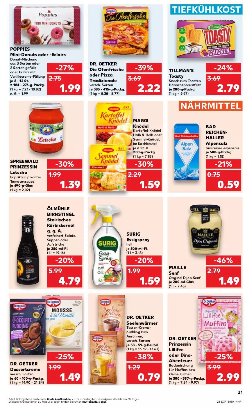 Aktueller Prospekt Kaufland - Prospekt - von 12.09 bis 18.09.2024 - strona 21 - produkty: angebot, angebote, aufstrich, backmischung, Bad, beutel, brustfilet, creme, dessert, die ofenfrische, dijon-senf, Donut, donuts, Dr. Oetker, eis, ente, essig, filet, gin, hähnchenbrust, hähnchenbrustfilet, kartoffel, Knödel, kochbeutel, kuchen, Kürbis, Kürbiskernöl, leine, Letscho, maggi, maille, Muffin, muffins, Ofen, paprika, pizza, pizza tradizionale, Popp, pudding, reis, salat, salate, salz, sauce, Semmel, senf, snack, suppe, suppen, tasse, Ti, tiefkühlkost, Tillman's, toast, toasty, tomate, tomaten, tomatensauce, tradizionale, vanille, ZTE