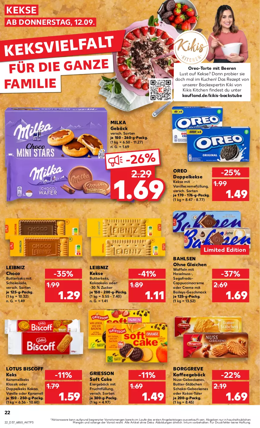 Aktueller Prospekt Kaufland - Prospekt - von 12.09 bis 18.09.2024 - strona 22 - produkty: angebot, bahlsen, baileys, beere, beeren, bier, biscoff, butter, butterkeks, Cap, cappuccino, cin, creme, Doppelkekse, eier, frucht, geback, griesson, haselnuss, kaffee, kakao, karamell, keks, kekse, kokos, kuchen, leibniz, mac, milka, mit frucht, nuss, oreo, rezept, schoko, schokolade, Segafredo, stube, Ti, torte, vanille, waffeln, ZTE, zucker