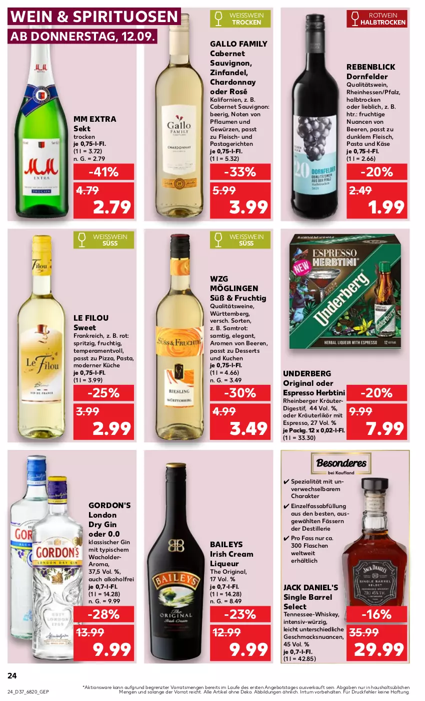 Aktueller Prospekt Kaufland - Prospekt - von 12.09 bis 18.09.2024 - strona 24 - produkty: alkohol, angebot, baileys, beere, beeren, Berger, cabernet, cabernet sauvignon, chardonnay, dessert, desserts, dornfelder, dry gin, eis, espresso, flasche, fleisch, frucht, gallo, gallo family, gewürz, gin, gordon, gordon's, irish cream, jack daniel, jack daniel's, Käse, kräuter, kräuterlikör, küche, kuchen, likör, liqueur, london dry, london dry gin, mac, mm extra, Mode, Nuance, oder espresso, oder kräuter, pasta, Pastagericht, pflaume, pflaumen, pizza, qualitätswein, qualitätsweine, rel, rotwein, rwe, sauvignon, sekt, Spezi, spirituosen, Ti, underberg, wein, weine, whiskey, ZTE