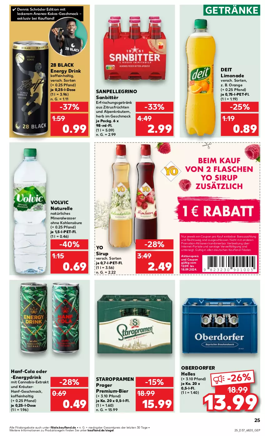 Aktueller Prospekt Kaufland - Prospekt - von 12.09 bis 18.09.2024 - strona 25 - produkty: abis, aktionspreis, Alwa, ananas, angebot, angebote, bier, Brei, cola, coupon, deit, drink, eis, elle, energy drink, erfrischungsgetränk, früchte, früchten, getränk, getränke, kokos, kräuter, kräutern, lack, limo, limonade, mac, mineralwasser, natur, natürliches mineralwasser, orange, reis, rel, Sanbittèr, sanpellegrino, sirup, Staropramen, Ti, volvic, wasser, Yo, ZTE