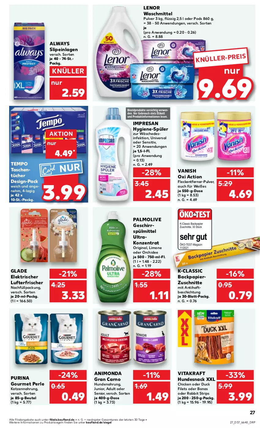 Aktueller Prospekt Kaufland - Prospekt - von 12.09 bis 18.09.2024 - strona 27 - produkty: Alwa, Always, angebot, angebote, beutel, Bona, Desinfektion, Duck, eis, filet, filets, fleckentferner, geschirr, geschirrspülmittel, gin, Glade, hundenahrung, hundesnack, katzennahrung, kraft, lenor, lenor waschmittel, limo, lufterfrischer, olive, orchidee, oxi action, palmolive, papier, Pods, purina, reis, resa, slip, slipeinlagen, snack, spülmittel, Tasche, taschen, taschentücher, Tempo, Ti, tücher, vanish, vanish oxi action, vita, vitakraft, waschmittel, ZTE