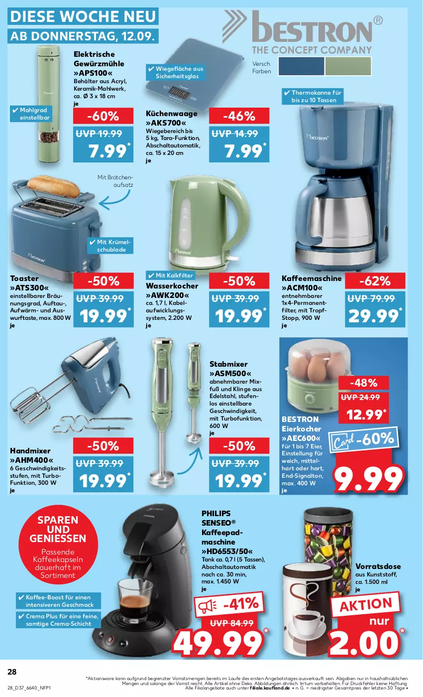 Aktueller Prospekt Kaufland - Prospekt - von 12.09 bis 18.09.2024 - strona 28 - produkty: angebot, angebote, auer, auto, Behälter, brötchen, brötchenaufsatz, delonghi, edelstahl, eier, Eierkocher, eis, gewürz, Gewürzmühle, handmixer, K2, kaffee, kaffeekapseln, kaffeemaschine, kaffeevollautomat, Kocher, küche, Küchen, Küchenwaage, LG, mac, Mixer, Philips, reis, Schal, senseo, Signal, stabmixer, tasse, Ti, toast, toaster, Waage, wasser, wasserkocher, WICK, ZTE