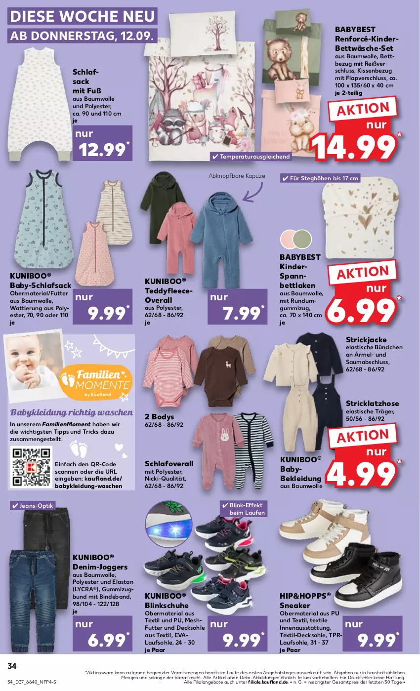 Aktueller Prospekt Kaufland - Prospekt - von 12.09 bis 18.09.2024 - strona 34 - produkty: angebot, angebote, asti, Bau, baumwolle, bett, bettwäsche, body, decksohle, eis, hose, Jacke, jeans, Kinder, Kinderbett, kissen, Kissenbezug, kleid, Kleidung, Latzhose, Laufen, mab, Overall, reis, Ria, sac, schlafsack, schuhe, sneaker, spannbettlaken, Strickjacke, Ti, tisch, wolle, ZTE