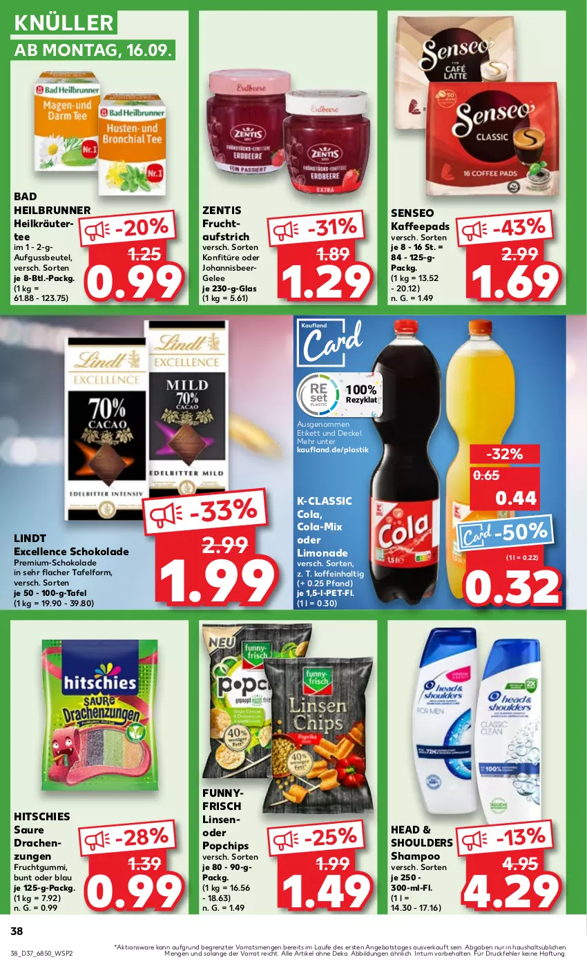 Aktueller Prospekt Kaufland - Prospekt - von 12.09 bis 18.09.2024 - strona 38 - produkty: angebot, asti, aufstrich, Bad, beutel, chips, cola, decke, Deckel, elle, frucht, fruchtgummi, gelee, gin, kaffee, kaffeepads, konfitüre, kräuter, limo, limonade, lindt, linsen, schoko, schokolade, senseo, shampoo, tee, Ti, zentis, ZTE