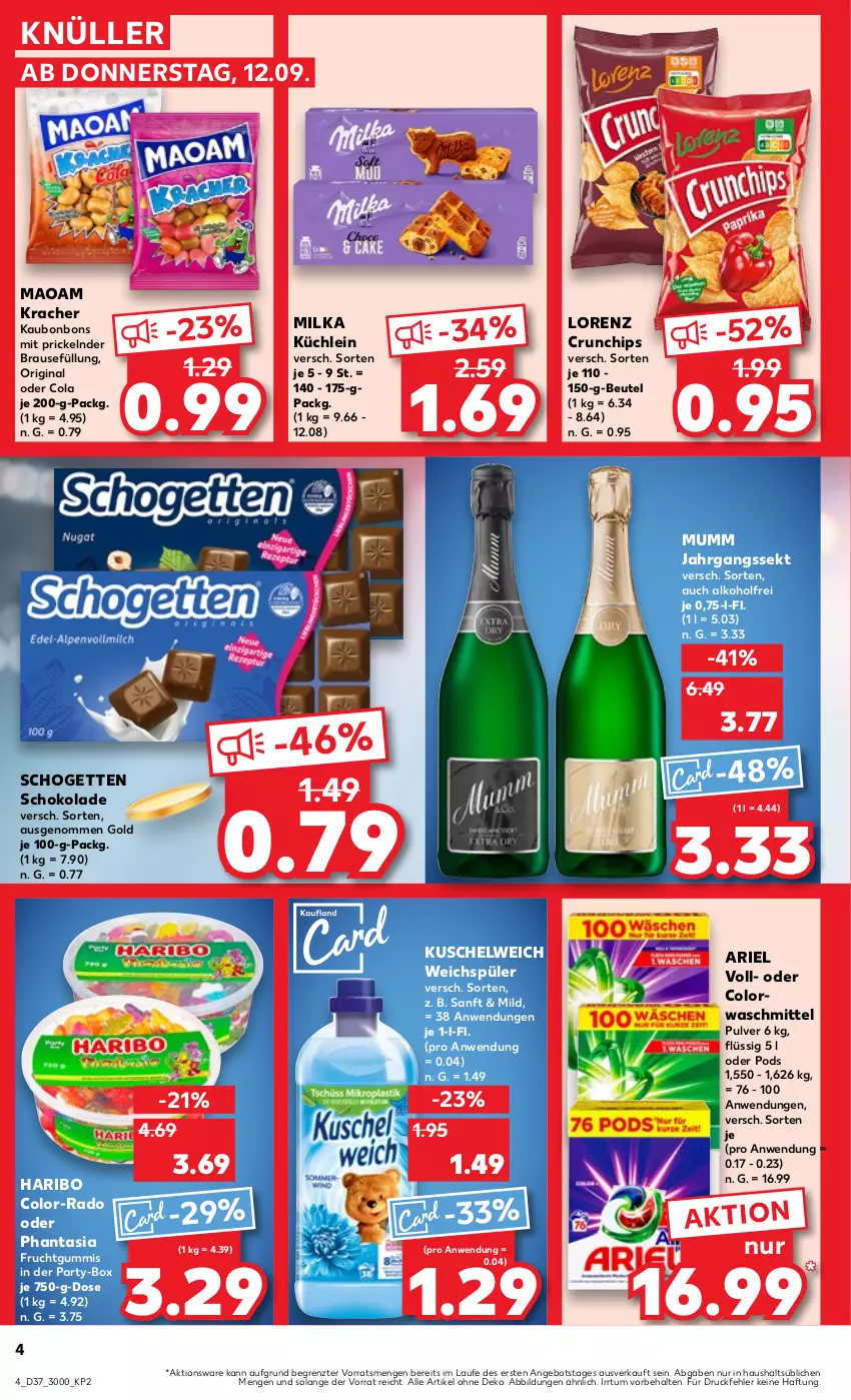 Aktueller Prospekt Kaufland - Prospekt - von 12.09 bis 18.09.2024 - strona 4 - produkty: alkohol, angebot, ariel, beutel, bonbons, brause, chips, cola, colorwaschmittel, crunchips, frucht, fruchtgummi, fruchtgummis, gin, haribo, jahrgangssekt, kracher, Kuschelweich, lorenz, lorenz crunchips, maoam, milka, mumm, Pods, schogetten, schoko, schokolade, sekt, Ti, waschmittel, weichspüler, ZTE