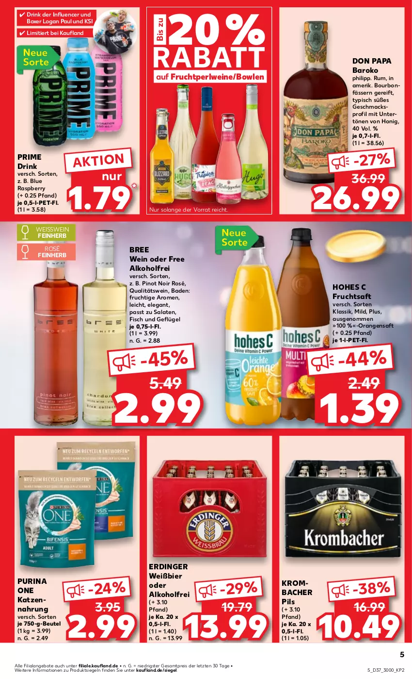 Aktueller Prospekt Kaufland - Prospekt - von 12.09 bis 18.09.2024 - strona 5 - produkty: alkohol, angebot, angebote, Bad, beutel, bier, bourbon, bowle, bree, drink, eis, erdinger, fisch, frucht, fruchtsaft, Geflügel, Hohes C, honig, katzennahrung, krombache, krombacher, krombacher pils, mac, orange, orangen, orangensaft, pils, Pinot, pinot noir, purina, qualitätswein, raspberry, reis, rum, saft, salat, salate, Ti, wein, weine, ZTE