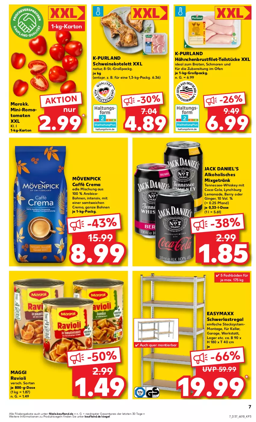 Aktueller Prospekt Kaufland - Prospekt - von 12.09 bis 18.09.2024 - strona 7 - produkty: alkohol, angebot, angebote, bohne, bohnen, braten, brustfilet, caffè crema, coca-cola, cola, easymaxx, eis, elle, filet, getränk, gin, ginger, hähnchenbrust, hähnchenbrustfilet, ideal zum braten, jack daniel, jack daniel's, kotelett, lemonade, maggi, Mixgetränk, mövenpick, natur, Ofen, purland, ravioli, regal, reis, Romatomaten, schwein, schweine, schweinekotelett, schwerlastregal, Ti, tomate, tomaten, wein, weine, whiskey, ZTE