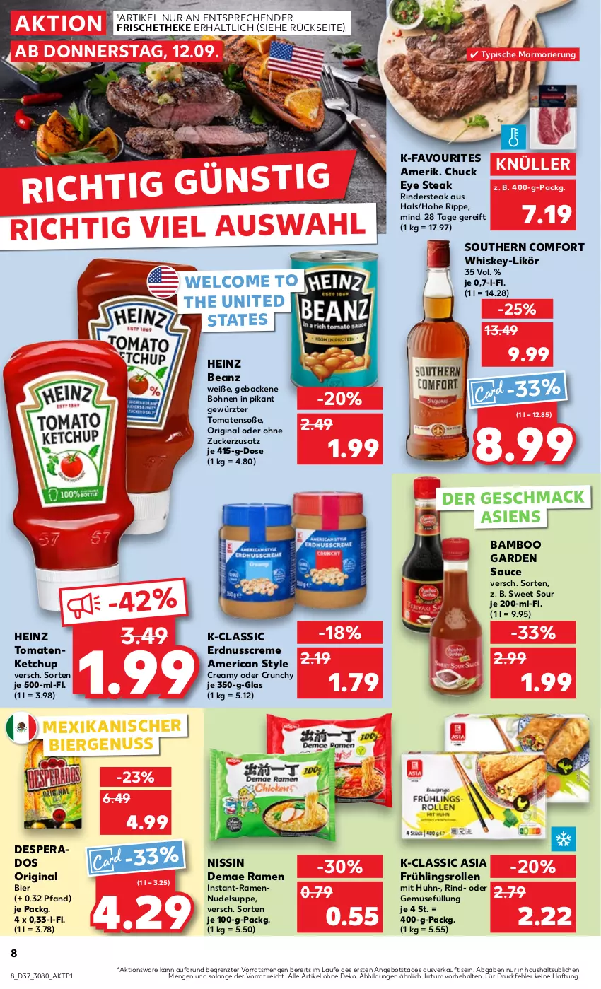 Aktueller Prospekt Kaufland - Prospekt - von 12.09 bis 18.09.2024 - strona 8 - produkty: angebot, bamboo, beanz, bier, bohne, bohnen, creme, desperados, erdnuss, geback, gewürz, gin, heinz, ketchup, likör, mac, Nissin, nudel, nuss, rind, rinder, Rindersteak, sauce, Soße, Southern Comfort, steak, suppe, Ti, tomate, tomaten, tomatenketchup, whiskey, ZTE, zucker