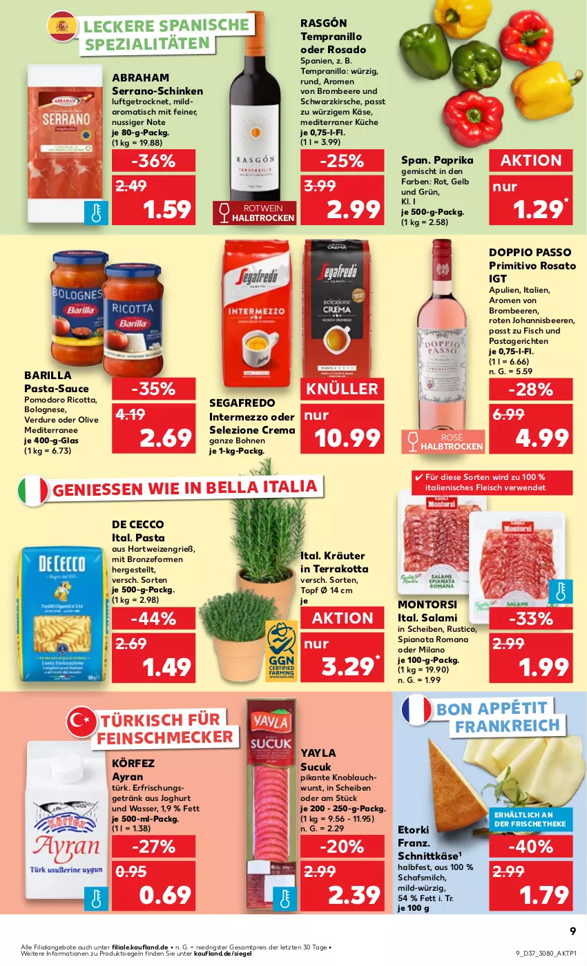 Aktueller Prospekt Kaufland - Prospekt - von 12.09 bis 18.09.2024 - strona 9 - produkty: angebot, angebote, Ayran, barilla, beere, beeren, bohne, bohnen, bolognese, brombeere, brombeeren, De Cecco, doppio passo, ecco, eis, erfrischungsgetränk, feinschmecker, fisch, fleisch, getränk, hartweizen, intermezzo, joghur, joghurt, johannisbeere, Johannisbeeren, Käse, kirsch, kirsche, knoblauch, kräuter, küche, milch, montorsi, nuss, olive, paprika, passo, pasta, pasta-sauce, Pastagericht, primitivo, reis, ricotta, rosato, rotwein, rwe, salami, sauce, schinken, schnittkäse, Segafredo, serrano, Spezi, Sucuk, tempranillo, Ti, tisch, topf, wasser, wein, wurst, ZTE