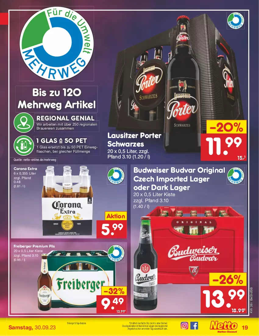 Aktueller Prospekt Netto Marken-Discount - Filial-Angebote - von 25.09 bis 30.09.2023 - strona 19 - produkty: angebot, auer, Berger, bestpreis, budweiser, corona, corona extra, eis, elle, flasche, Freiberger, gin, pils, premium pils, reis, rwe, Ti, ZTE