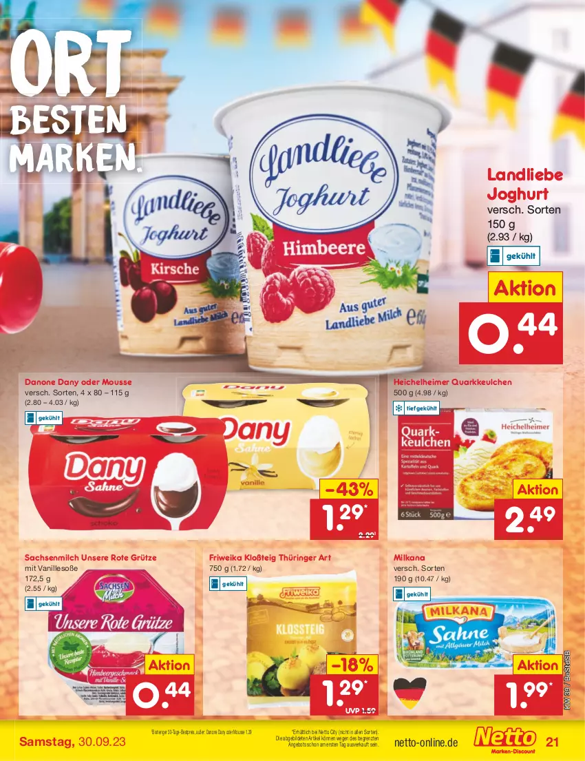 Aktueller Prospekt Netto Marken-Discount - Filial-Angebote - von 25.09 bis 30.09.2023 - strona 21 - produkty: angebot, bestpreis, danone, Dany, eimer, eis, grütze, joghur, joghurt, landliebe, landliebe joghurt, milch, milka, milkana, mousse, quark, reis, ring, Rote Grütze, sac, Soße, Ti, vanille, ZTE