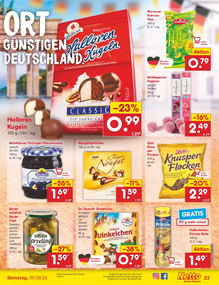 Aktueller Prospekt Netto Marken-Discount - Filial-Angebote - von 25.09 bis 30.09.2023 - strona 25 - produkty: angebot, bestpreis, debeukelaer, eis, erdnuss, gewürz, Gewürzgurke, gewürzgurken, gurke, gurken, kräuter, kräutern, Kugel, mühlhäuser, nuss, pflaume, pflaumen, pflaumenmus, pralinen, prinzen rolle, reis, ring, rotkäppchen, sac, spreewaldhof, Ti, Tüte, ZTE, zwiebel, zwiebeln