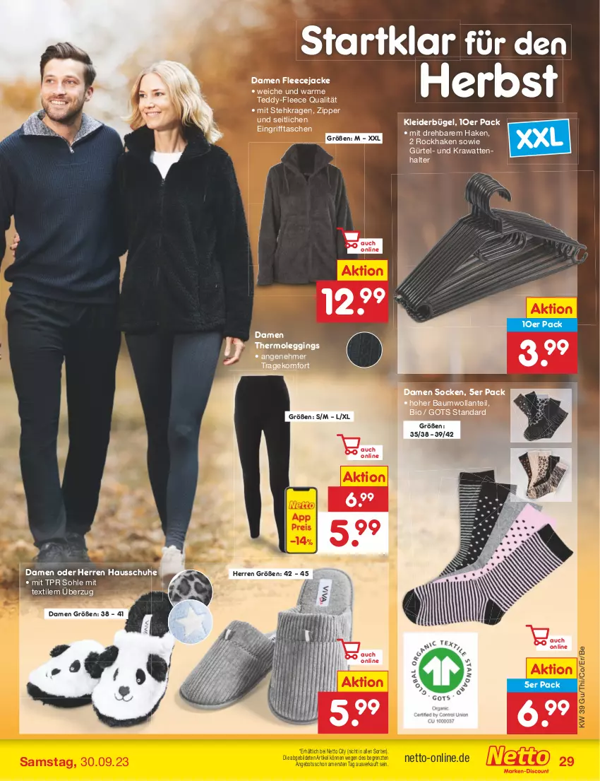 Aktueller Prospekt Netto Marken-Discount - Filial-Angebote - von 25.09 bis 30.09.2023 - strona 31 - produkty: angebot, Bau, bio, bügel, Fleecejacke, gin, Hausschuhe, Jacke, kleid, kleider, kleiderbügel, leggings, schuhe, socken, Tasche, taschen, Thermoleggings, Ti, zipper, ZTE