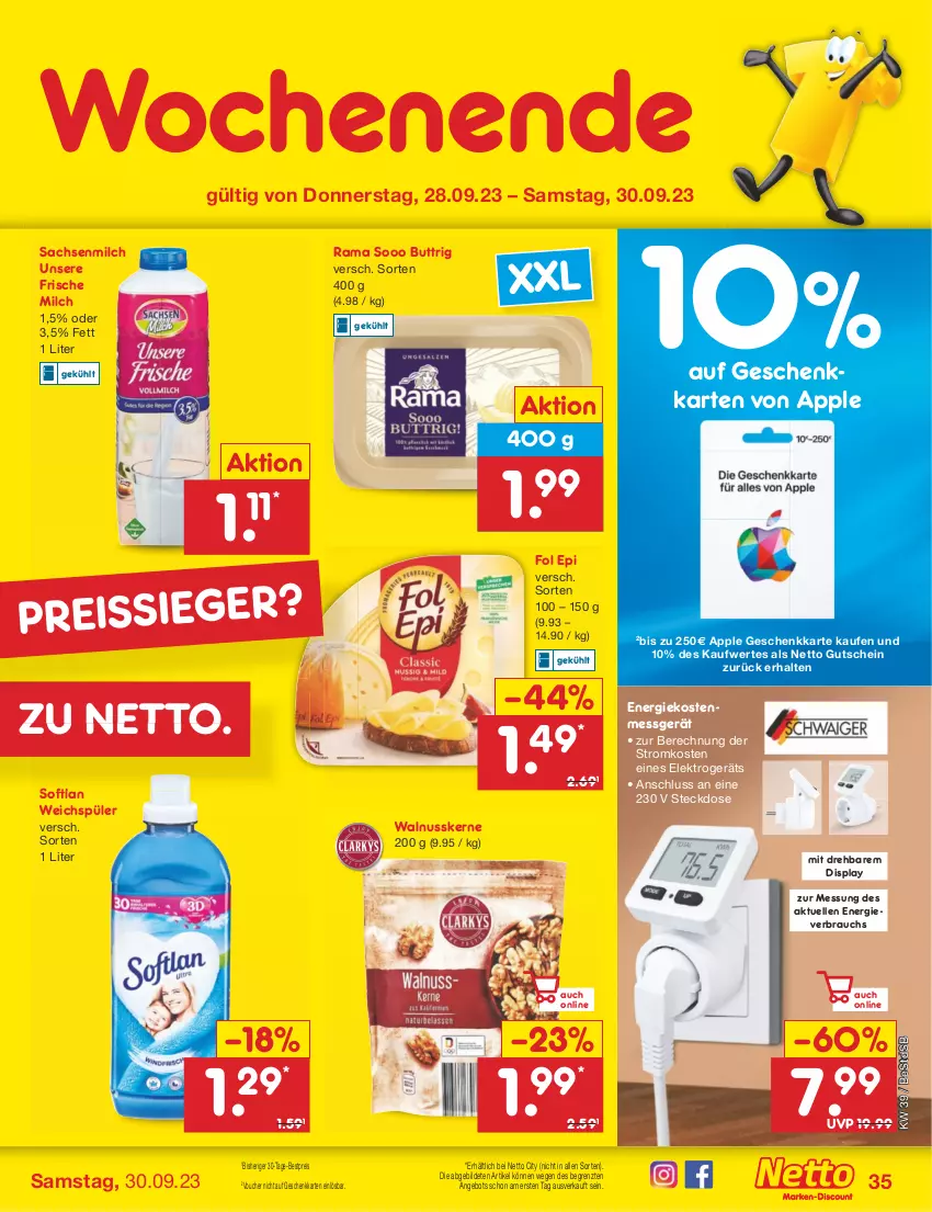 Aktueller Prospekt Netto Marken-Discount - Filial-Angebote - von 25.09 bis 30.09.2023 - strona 37 - produkty: angebot, Apple, bestpreis, eis, Elektro, elle, fol epi, frische milch, gutschein, milch, nuss, rama, Rauch, reis, reiss, sac, Softlan, steckdose, Ti, walnuss, walnusskerne, weichspüler, ZTE