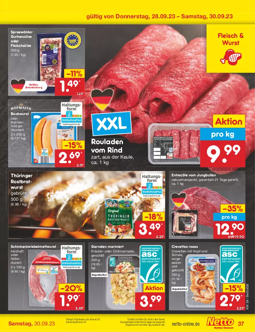 Aktueller Prospekt Netto Marken-Discount - Filial-Angebote - von 25.09 bis 30.09.2023 - strona 39 - produkty: angebot, aqua, bestpreis, bockwurst, bratwurst, buch, chili, eis, entrecôte, fleisch, garnelen, gurke, gurken, Holz, jungbullen, kräuter, marinade, Mett, mettwurst, reis, rind, ring, rostbratwurst, rouladen, salz, Schal, Schale, schinken, spreewälder, thüringer rostbratwurst, Ti, wurst, ZTE, zwiebel, zwiebelmettwurst