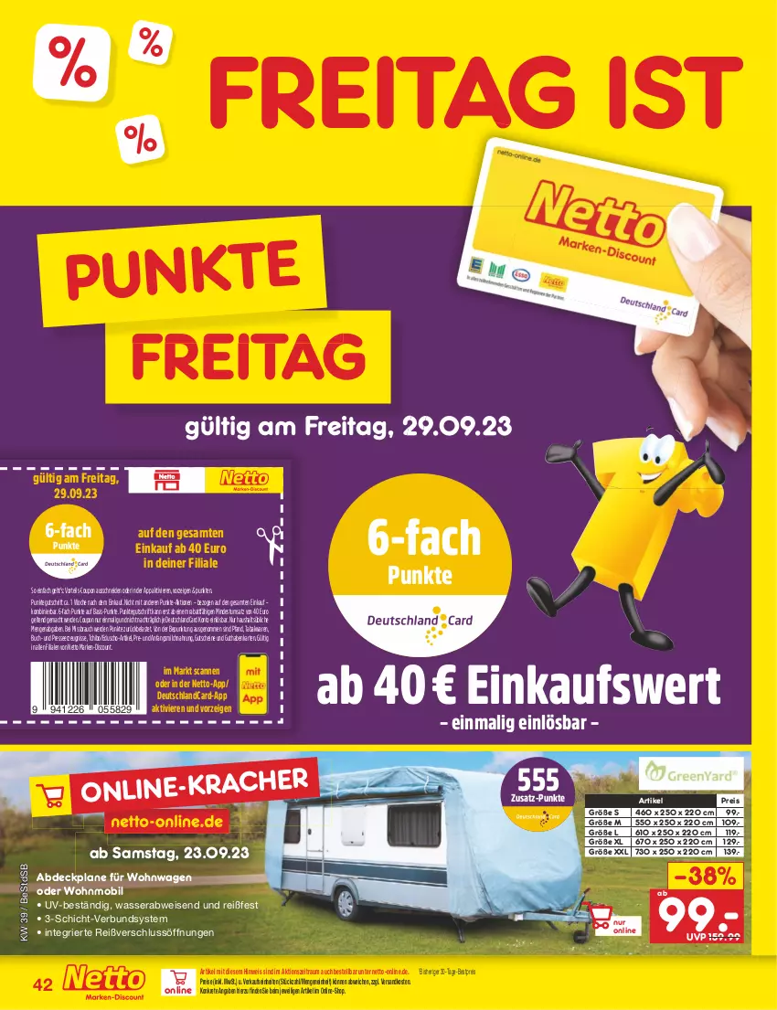 Aktueller Prospekt Netto Marken-Discount - Filial-Angebote - von 25.09 bis 30.09.2023 - strona 44 - produkty: abdeckplane, Abdeckplane für Wohnwagen, bestpreis, buch, coupon, deutschlandcard, discount, eduscho, eis, erde, guthabenkarte, gutschein, gutscheine, mac, marken-discount, milch, ndk, Rauch, reis, Tchibo, Ti, wasser