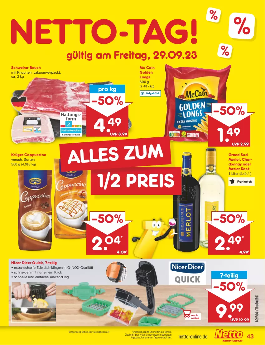 Aktueller Prospekt Netto Marken-Discount - Filial-Angebote - von 25.09 bis 30.09.2023 - strona 45 - produkty: angebot, Bau, bestpreis, Cap, cappuccino, chardonnay, cin, edelstahl, eis, elle, Golden Longs, grand sud, krüger, mc cain, merl, merlot, reis, schwein, schweine, schweine-bauch, Ti, wein, weine, ZTE