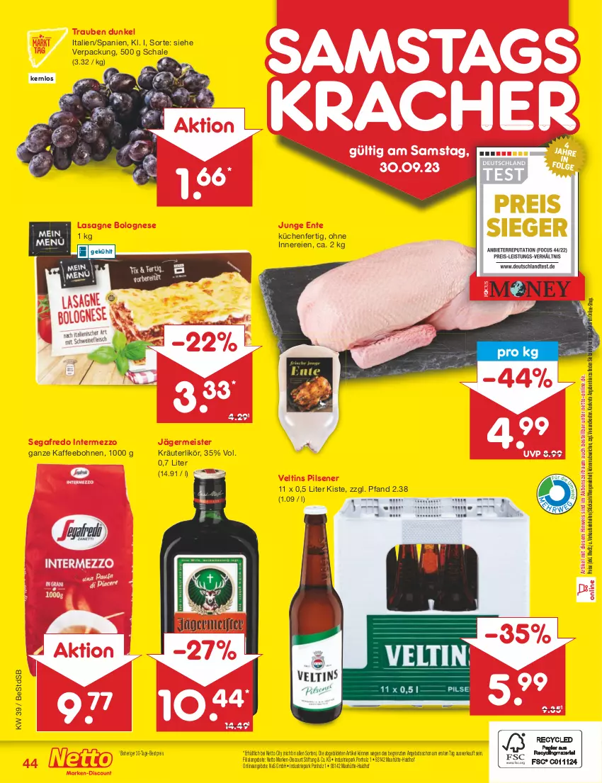 Aktueller Prospekt Netto Marken-Discount - Filial-Angebote - von 25.09 bis 30.09.2023 - strona 46 - produkty: angebot, angebote, bestpreis, bohne, bohnen, bolognese, discount, eis, ente, Germ, Holz, intermezzo, jägermeister, kaffee, kaffeebohnen, kracher, kräuter, kräuterlikör, küche, Küchen, lasagne, likör, marken-discount, Meister, ndk, pils, pilsener, reis, Schal, Schale, Segafredo, Ti, trauben, veltins, veltins pilsener, ZTE