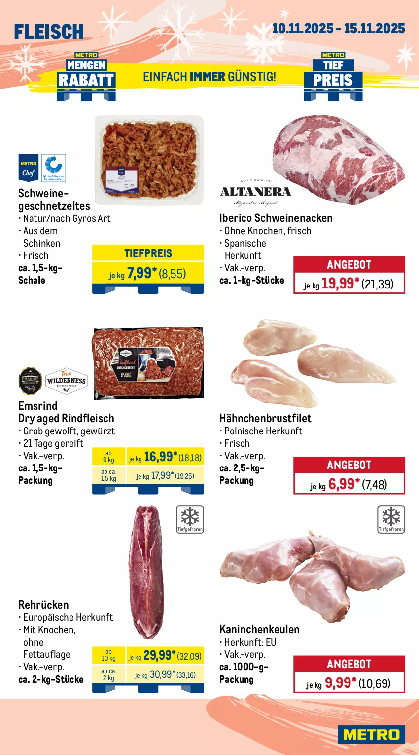Aktueller Prospekt Metro - Wochen-Angebote - von 10.11 bis 15.11.2025 - strona 3 - produkty: angebot, axe, braten, brustfilet, decke, Deckel, eis, entrecôte, filet, fleisch, geschnetzeltes, gewürz, gyros, hähnchenbrust, hähnchenbrustfilet, Haxe, Kaninchenkeule, lamm, Metro, natur, reis, rind, rinder, rinder-rouladen, rinderbraten, rindfleisch, rouladen, Schal, Schale, schinken, schwein, schweine, schweinenacken, steak, steakhüfte, Ti, tiefpreis, wein, weine, Zelt